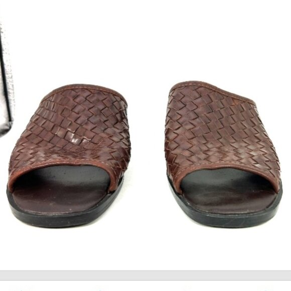 Leather Collection ladies Brown slides chunky 10 Woven Heel Sandal vtg y2k 90s - Picture 6 of 12